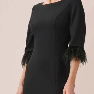 Adrianna Papell Boat Neck Dress 3/4 Feather Trim Sleeves and V Back Zipper